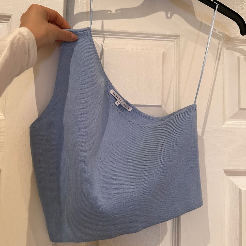 ENDLESS ROSE  One Shoulder Rib Knit Crop Top - Powder Blue Size Small